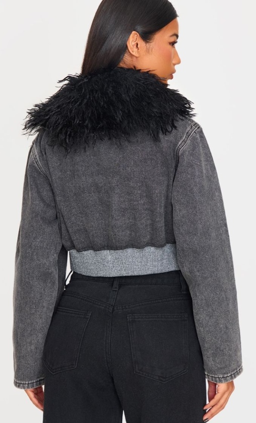 Plt - Grey Faux Fur Collar Zip Up Denim Bomber Jacket