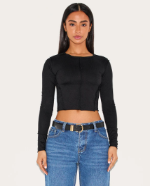 Petite Black Seam Detail Long Sleeve Top