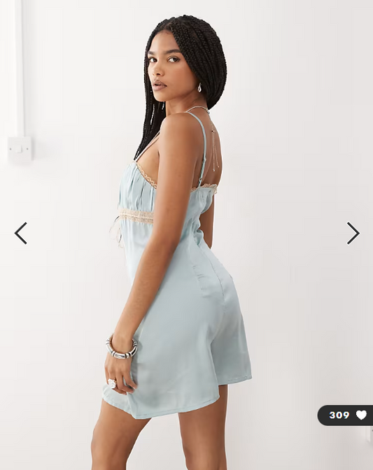 Reclaimed Vintage festival satin playsuit in mint green with lace trims