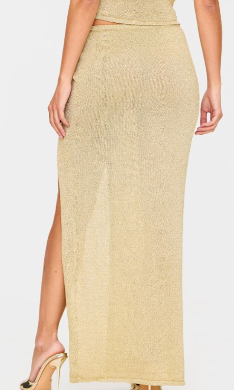 Gold Lurex Knit Gold Trim Side Split Maxi Skirt