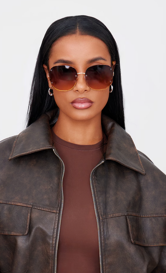 Brown Rimless Oversized Rounded Sunglasses