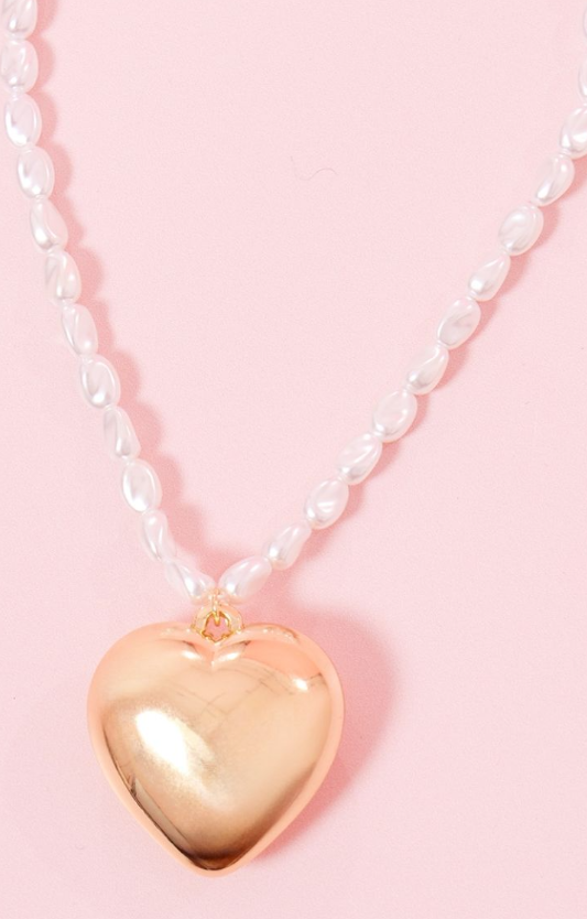 Gold Puff Heart Pearl Necklace