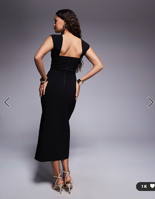Vesper - petite bengaline square neck thigh split midi dress in black