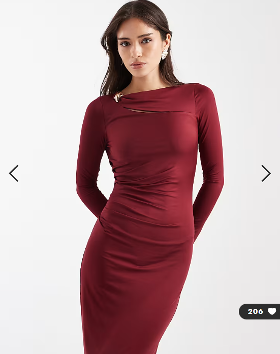 4th & Reckless slinky ruched side long sleeve metal cut out detail maxi dress in burgundy