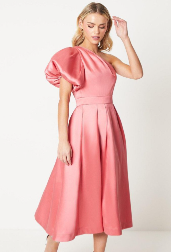 Petite One Shoulder Fit & Flare Midi Dress In Twill