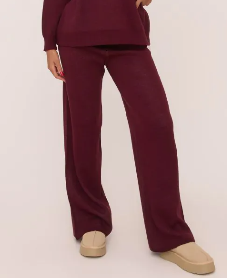 High Waist Wide Leg Joggers In Burgundy Knit