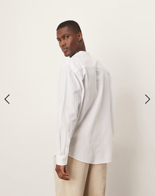 Selected long sleeve band collar linen blend shirt in white
