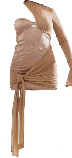 Taupe Satin Corset Mesh Detail One Sleeve Bodycon Dress