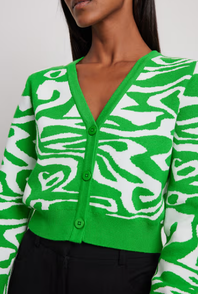 Na-kd - Jacquard Knitted Cropped Cardigan Green & White