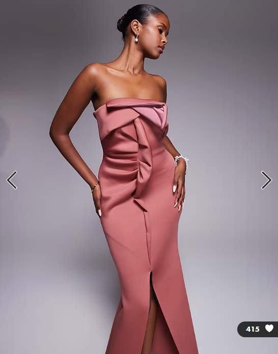 ASOS DESIGN bandeau midi dress with twisted front detailing midi dress in rose in scuba-style fabric