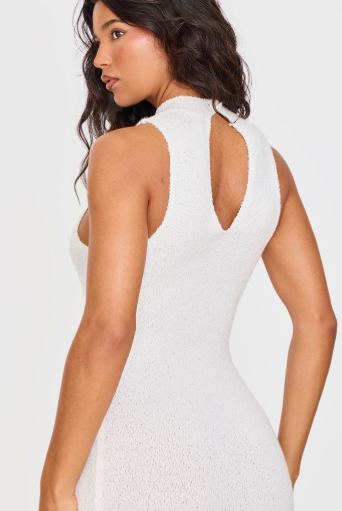 Cream Fluffy Boucle Knit Racer Maxi Dress