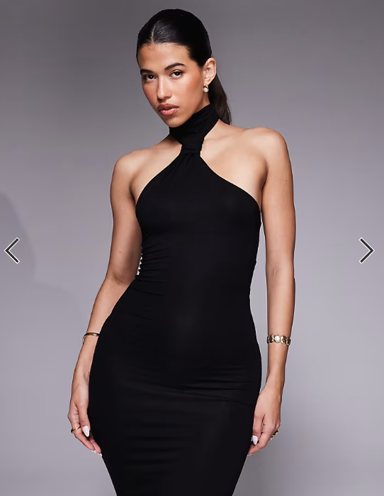 ASOS DESIGN knotted asymmetric high neck midi dress in black