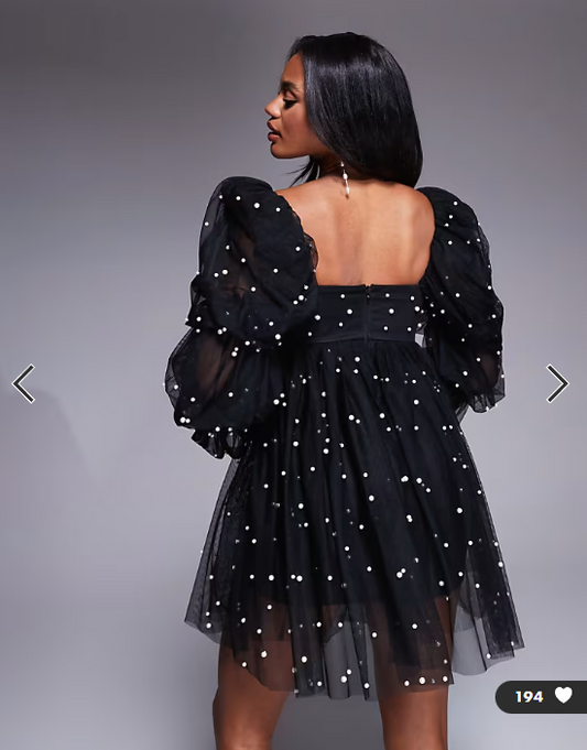 ASOS LUXE tulle baby doll dress with pearl embellishment in black