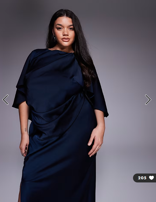 ASOS DESIGN Curve satin ruffle cape sleeve maxi dress with open back detail and high split in navy