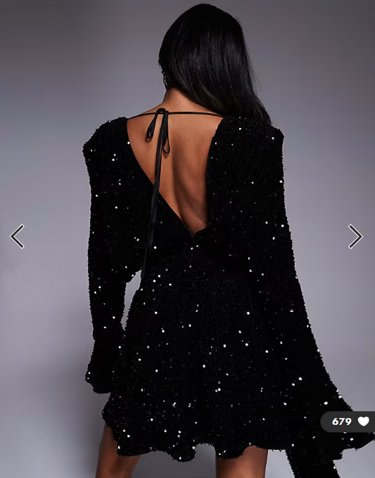 ASOS LUXE sequin velvet drape front mini dress with exaggerated shoulders in black