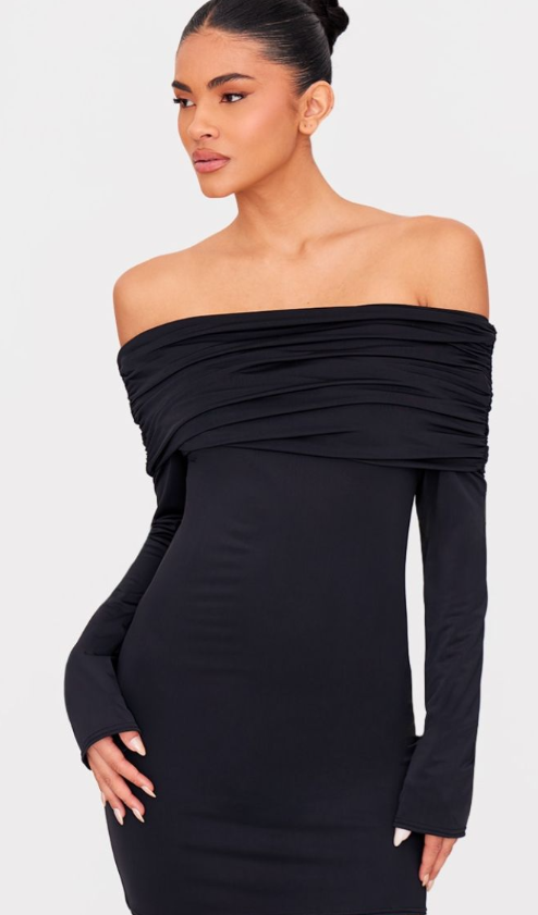 Black Matte Sculpt Double Layer Foldover Bardot Long Sleeve Mini Dress