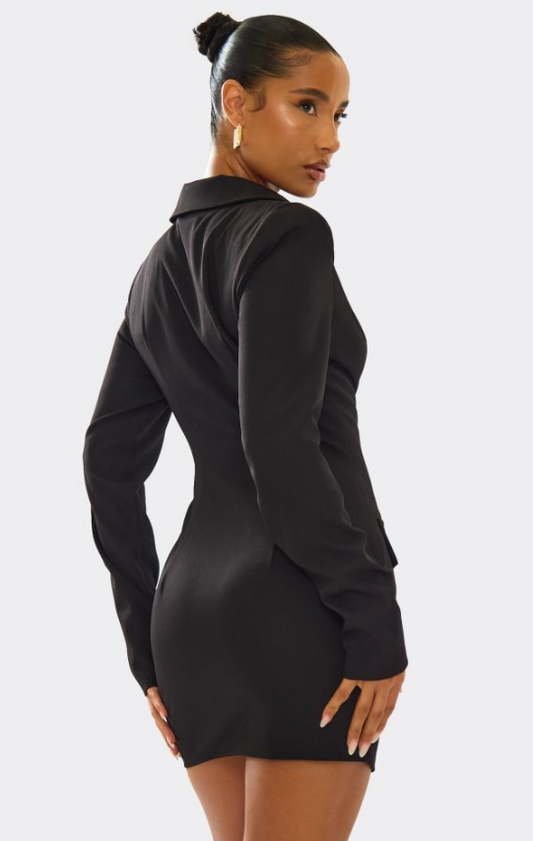Ego - LONG SLEEVE BUTTON FRONT COLLARED BLAZER DRESS IN BLACK