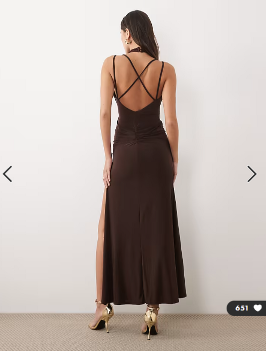 ASOS DESIGN lace and slinky layered cowl maxi dress in chocolate