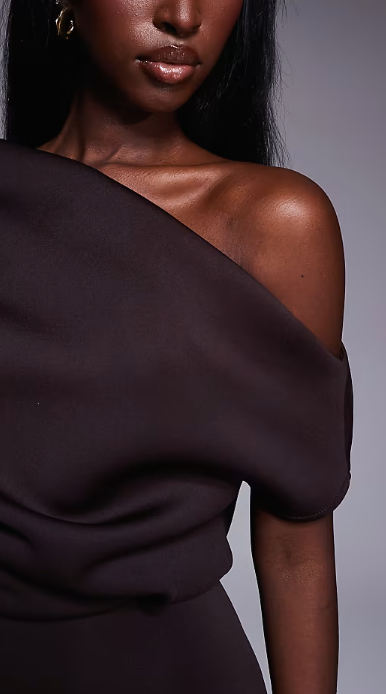 ASOS DESIGN dramatic neckline midi dress in chocolate scuba-style fabric