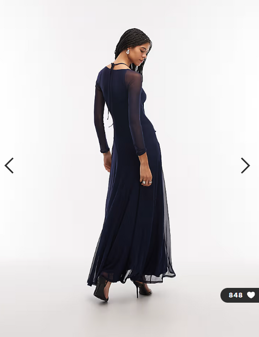 ASOS DESIGN mesh long sleeve maxi dress with exposed seam detail in navy