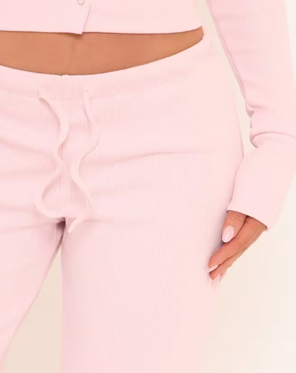 Drawstring Waist Straight Leg Trousers In Pink Ribbed