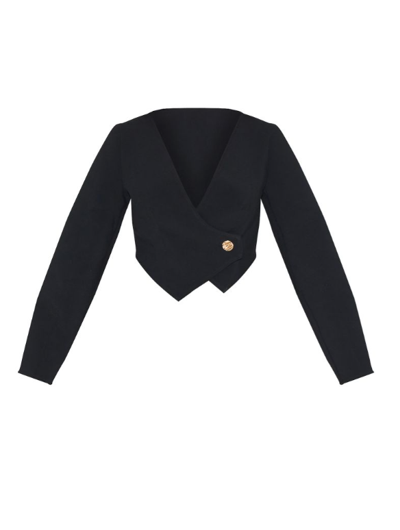Shape Black Linen Look Asymmetrical Hammered Button Blazer