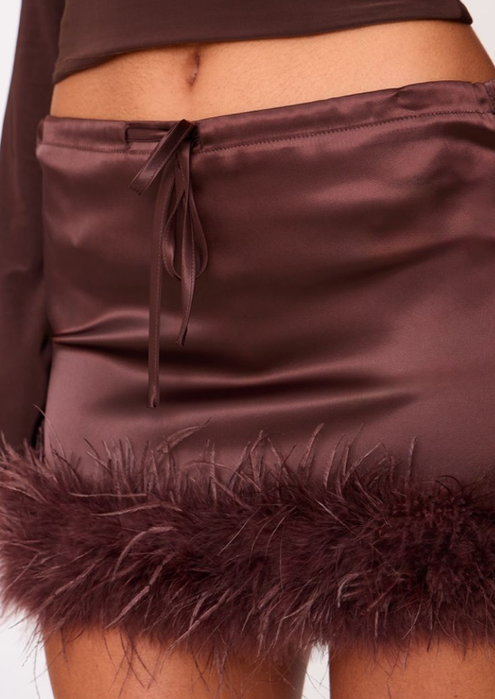 Chocolate Satin Drawstring Waist Detail Feather Hem Mini Skirt