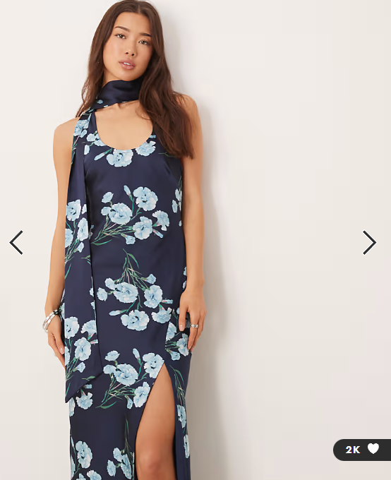 ASOS DESIGN sleeveless satin maxi dress with scarf detail in blue floral print