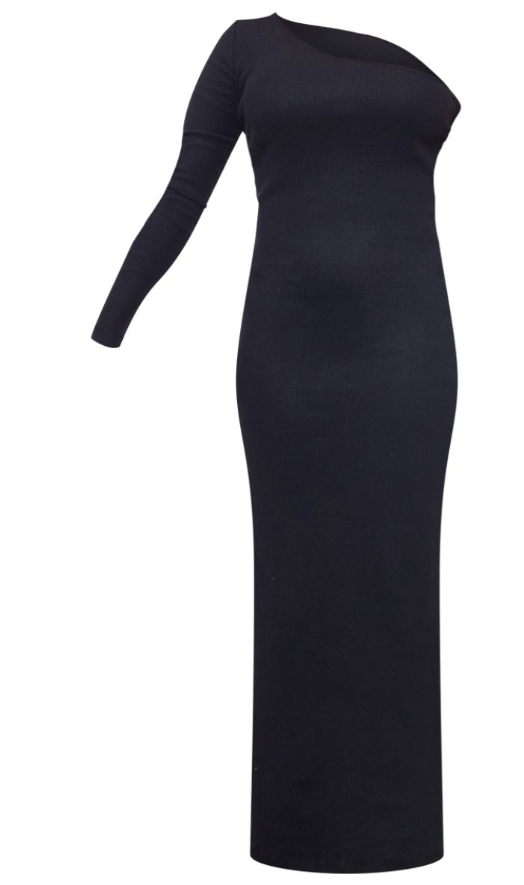 Black Heavy Brushed Rib One Shoulder Dress