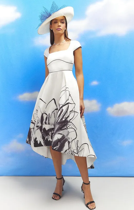 Lisa Tan Floral Placement Print Twill Midi Dress