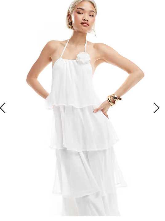 Pieces ruffle tiered maxi dress with corsage detail in white