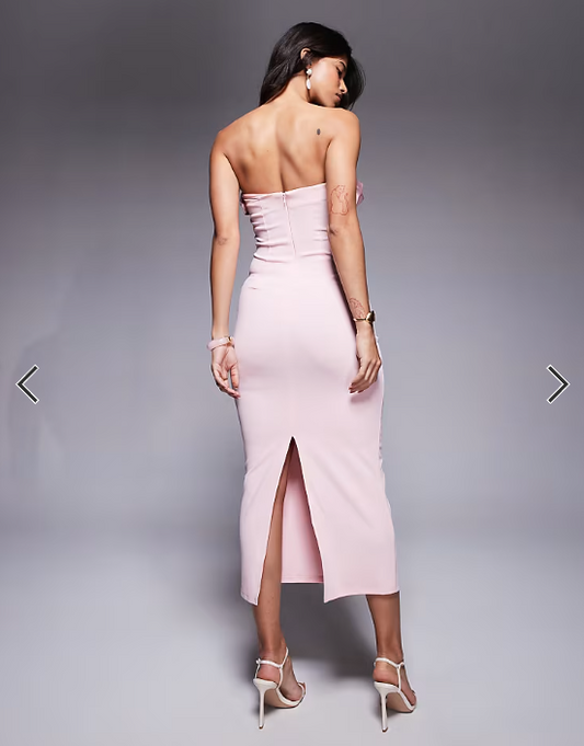 ASOS DESIGN bandeau midi dress with pleated satin bust cups in light pink in scuba-style fabric