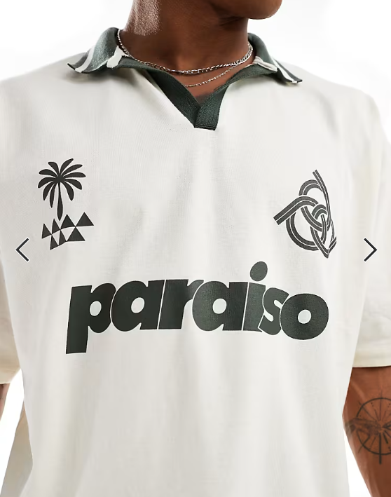 ASOS DESIGN boxy oversized polo shirt in off white with football front print