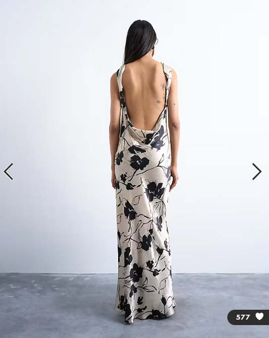 Topshop open back satin midi dress in black white floral