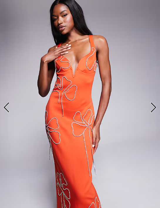 ASOS DESIGN sweetheart neckline pencil midi dress with flower chain embellishment in orange in scuba-style fabric