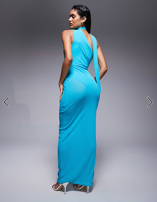 Kaiia exclusive one shoulder mesh scarf detail sheer maxi dress in aquamarine
