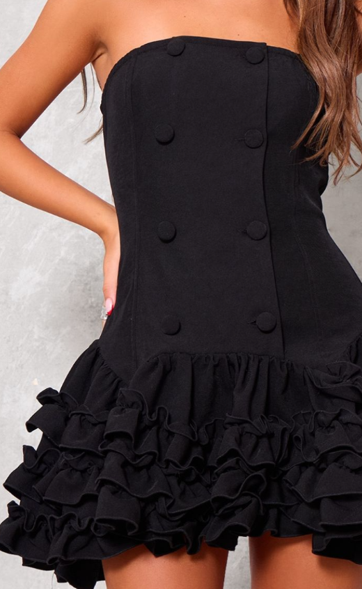 Black Bandeau Frill Button Down Mini Dress