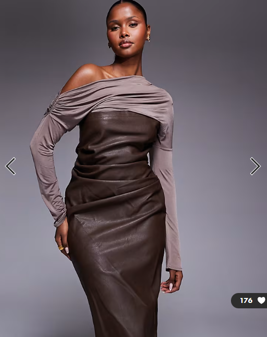 ASOS DESIGN fallen shoulder PU bandeau midi dress in chocolate