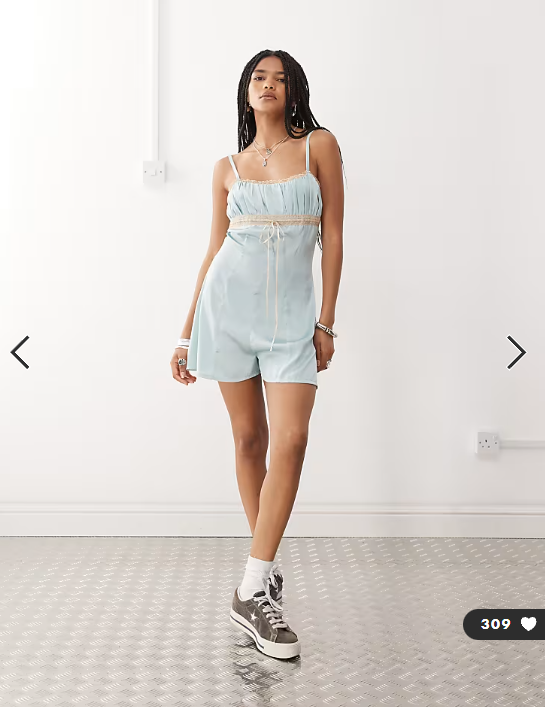 Reclaimed Vintage festival satin playsuit in mint green with lace trims