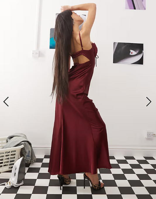 Princess Polly lace cup detail back cutout tie front cami satin slip maxi dress in burgundy
