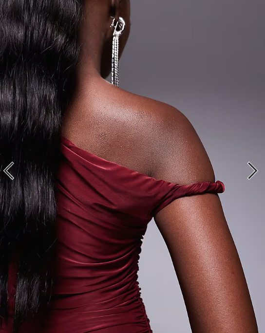 Kaiia exclusive double layered slinky twist off shoulder bodycon maxi dress in burgundy