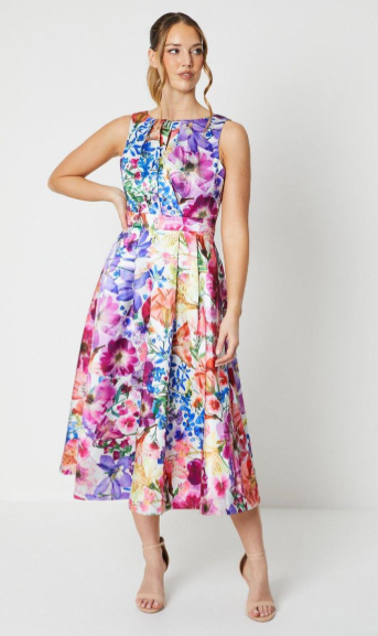 All Over Floral Print Twill Midi Dress