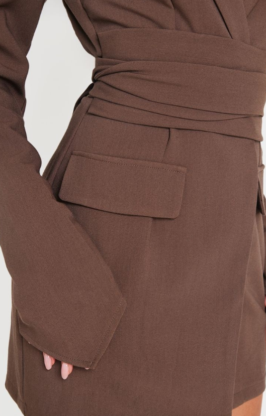 Chocolate Woven Wrap Belted Blazer Dress