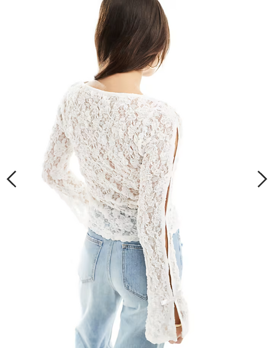 ASOS DESIGN slash neck lace top with bow detail in ivory
