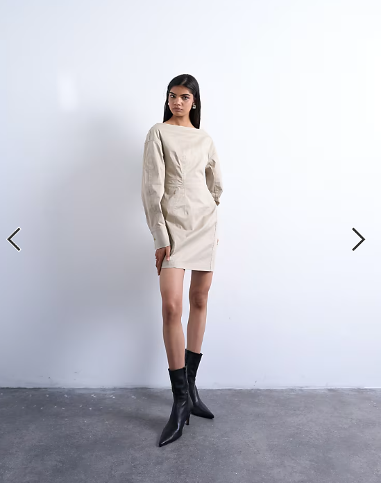 Topshop waisted ovoid sleeve slash neck mini dress in taupe