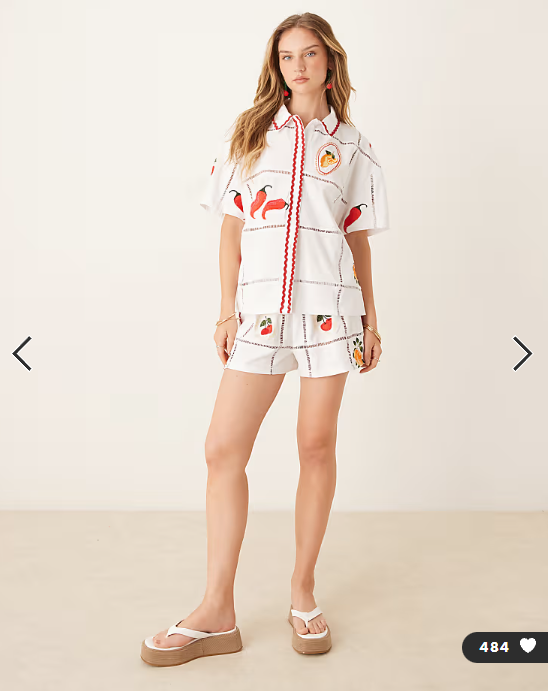 ASOS DESIGN ricrac shirt co-ord with summer embroidery