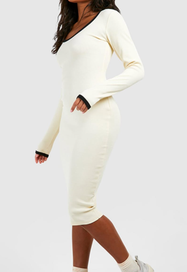 Boohoo - contrast binding long sleeve midi dress in cream