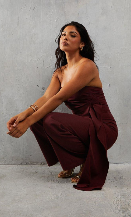 Bandeau Ruched Draped Side Wide Leg Jumpsuit