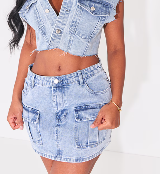 Shape Blue Acid Wash Denim Low Rise Micro Mini Skirt