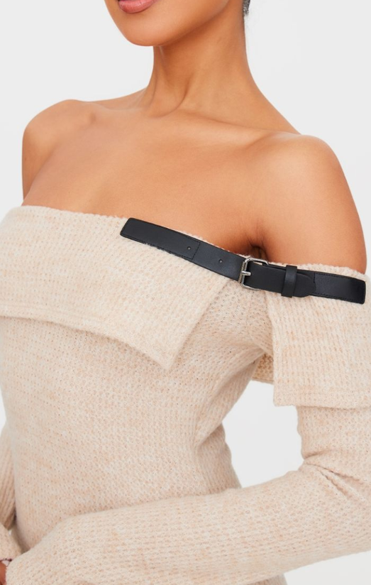 Stone Textured Bardot Belt Detail Maxi Dress